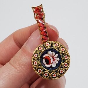 Vintage Micro Mosaic Banjo/Guitar Brooch Pin 1.75" Floral Italian Style Goldtone
